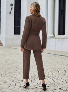 EURMUSE Women's Long Sleeve Blazer And Pants Suit Set - Khaki - View 2