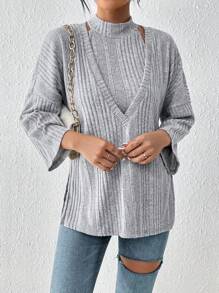 SHEIN Frenchy 女款純色羅紋針織兩件套 - 灰色 - 查看 4