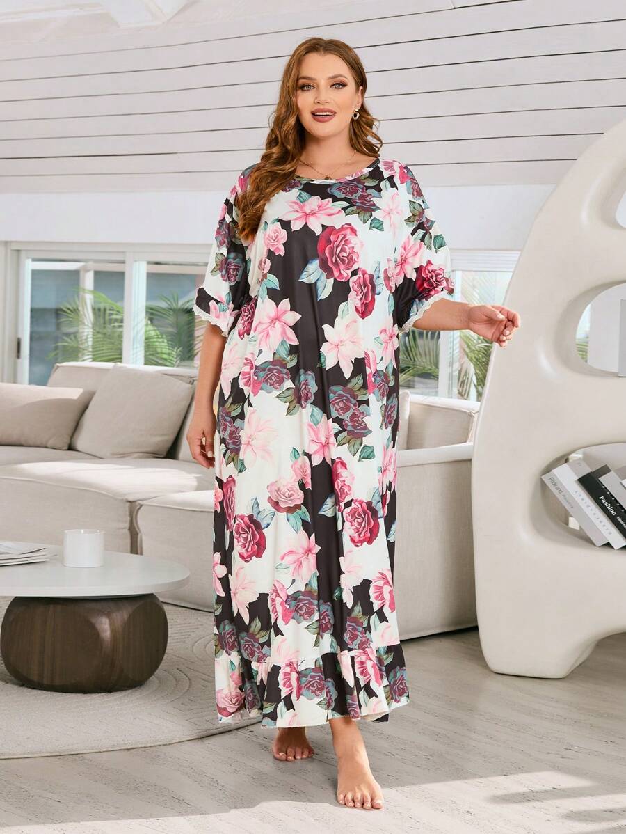Vestido de pijama con manga tipo murciélago con estampado floral, vestido largo para mujeres de talla grande