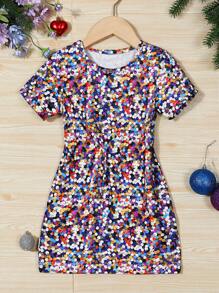SHEIN 小女孩亮麗印花圓領短袖裙 - 彩色 - 查看 1