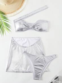 SHEIN Swim Ensemble de 3 pièces pour femmes: Bikini métallique à une épaule avec bas séparés et rashguard, pour l'été