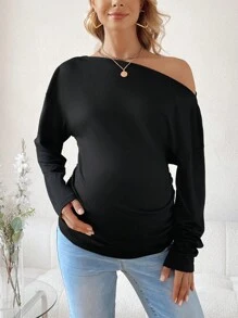 SHEIN Camiseta De Maternidad Con Hombro Oblicuo Y Fruncido - Negro - Ver 3