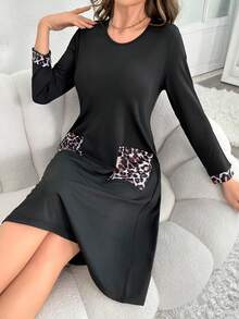 女式豹紋長袖睡衣連口袋 - 黑色 - 查看 3