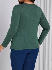 SHEIN Clasi Plus Size Solid Color Pleated T-shirt - Dark Green - View 2