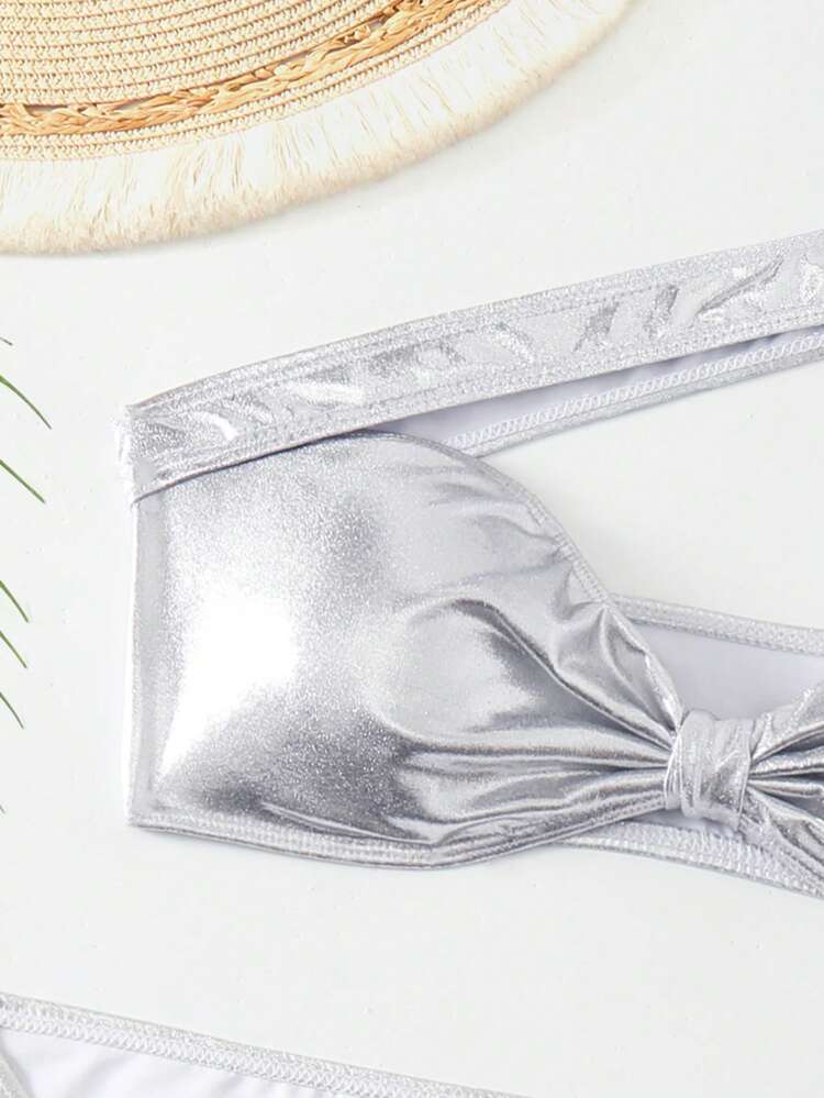 Women's One Shoulder Metallic Texture Bikini With Separate Bottoms And Rash Guard, 3 Pieces Set Summer