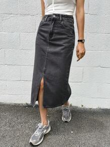 DAZY Slit Hem Denim Skirt Jeans Skirt - Dark Grey - View 4