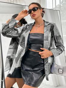 SHEIN Essnce 女士牛仔效果西裝外套 - 黑色 - 查看 6