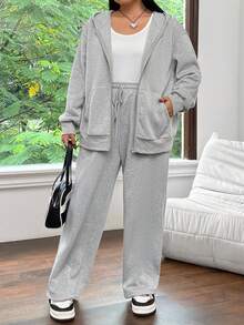 SHEIN EZwear Plus Size Solid Color Hooded Hoodie And Pants Set - Grey - View 4