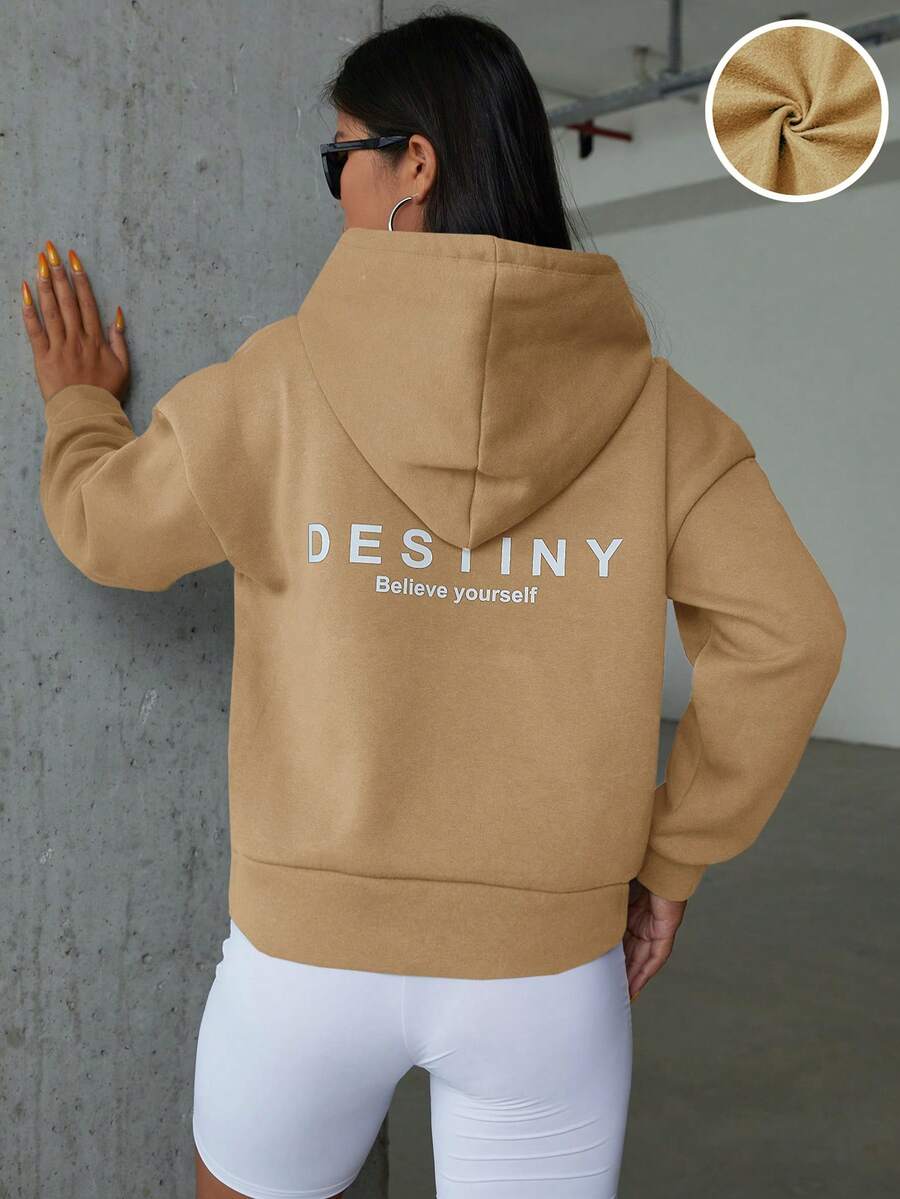 SHEIN PETITE 女士字母印花下墜肩帶束口連帽衫 - 米色 - 查看 1