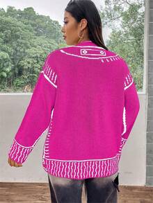 SHEIN Qutie Plus Size Women'S Striped Drop Shoulder Cardigan Sweater - Hot Pink - View 2