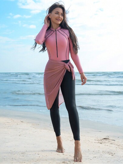 Swim Mulvari ملابس سباحة نسائية بأكمام طويلة قطعة واحدة مع تنورة مطابقة، بزي ساتر لصيف الشاطئ، ملابس عربية