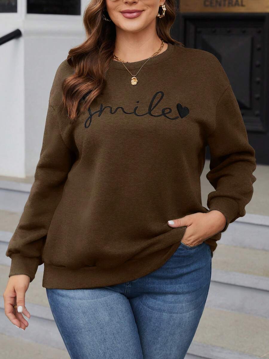 SHEIN LUNE Plus Size Women's Drop Shoulder Sweatshirt With Smiling Print - Khaki - View 1