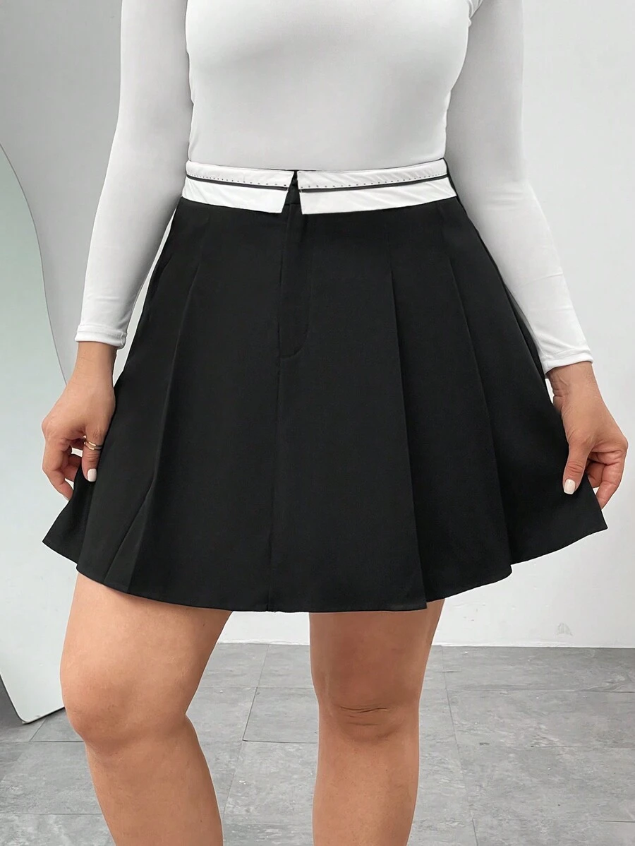 SHEIN Essnce Plus Size Women'S High Waisted Color Block Pleated Skirt - Black - View 1