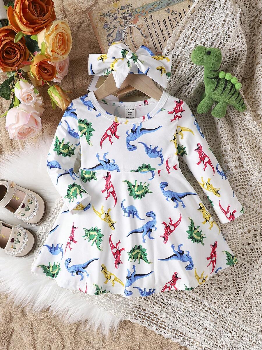 女嬰可愛舒適長袖恐龍印花洋裝