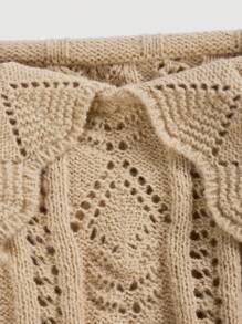 SHEIN MOD Women's Solid Color Open Shoulder Sweater With Scallop Trim Flare Sleeves - Khaki - View 4