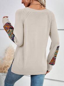 SHEIN LUNE Áo len chui đầu có tay áo Raglan họa tiết hình học - Màu be - Xem 2