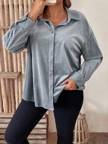SHEIN LUNE Plus Size Women's Texture Pattern Straight Cut Shirt - Dusty Blue - View 1