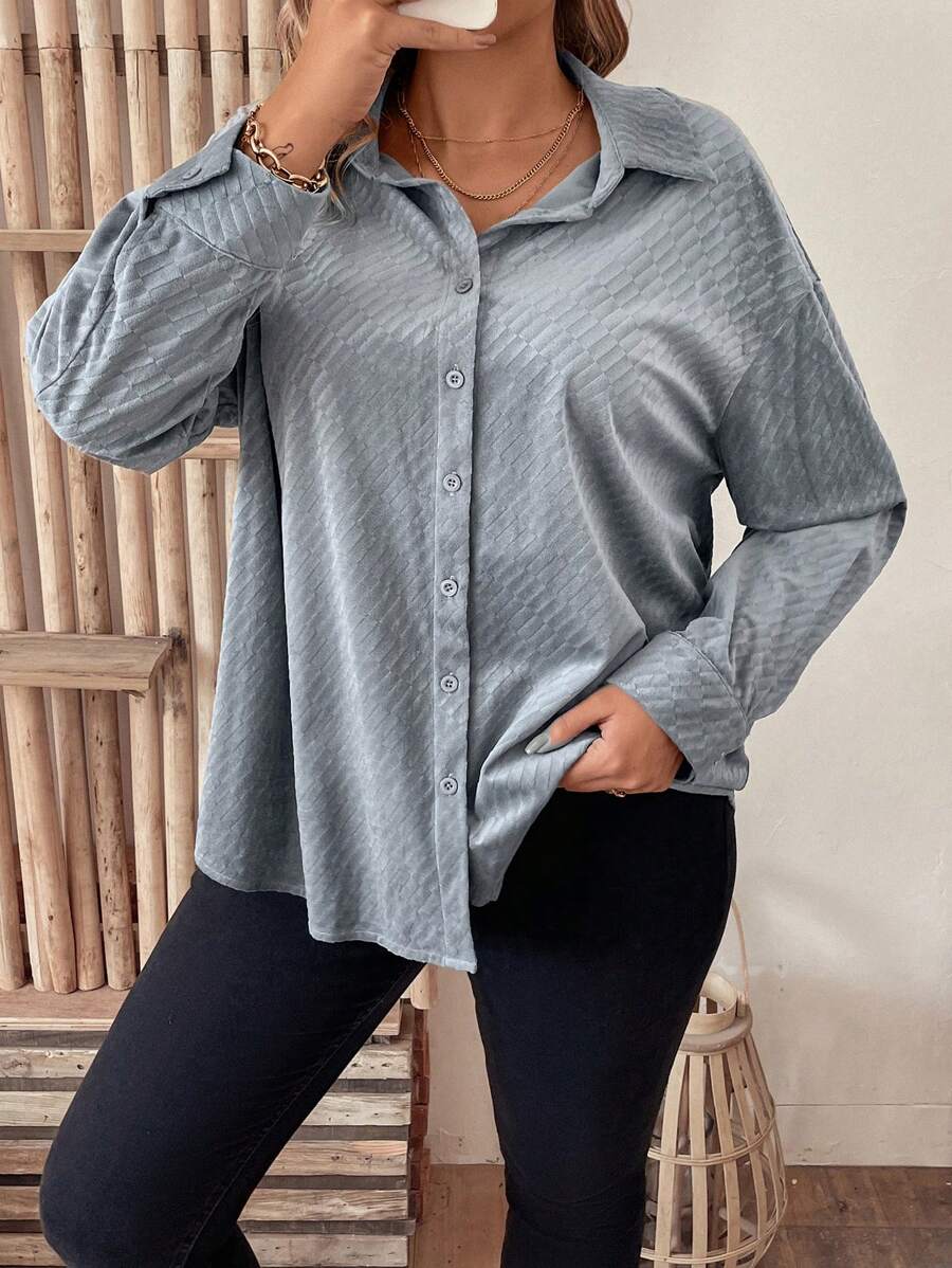 SHEIN LUNE Plus Size Women's Texture Pattern Straight Cut Shirt - Dusty Blue - View 1