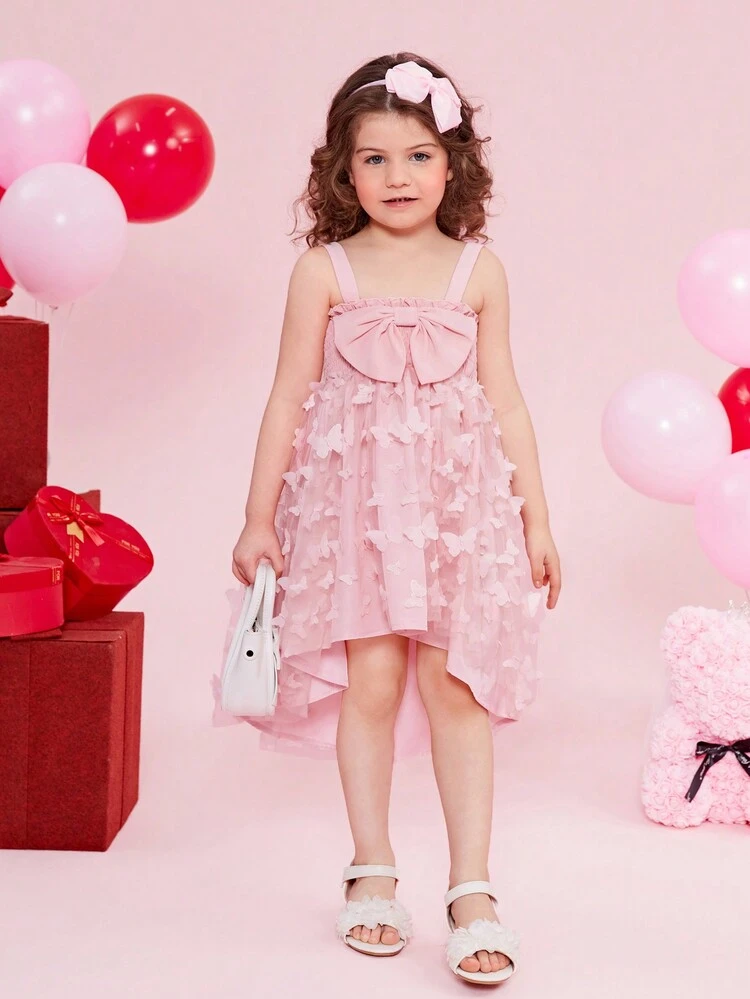 Girls' Mesh Butterfly & Flower With Big Bowknot Decorated Cami Dress, Sibling Outfits (2 Pieces Are Sold Separately)