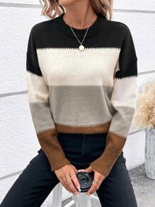 SHEIN LUNE Suéter Con Hombros Caídos En Color En Contraste Para Mujer - Gris - Ver 5