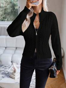 SHEIN Clasi Ladies' Zip-up Solid Color Cardigan - Black - View 6