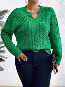 SHEIN LUNE Plus Size Solid Color Drop Shoulder Sweater With Notched Collar Knit Pullover Fall Winter Outfit Autumn - Beige - View 3