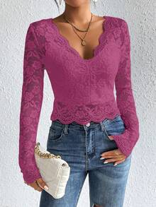 SHEIN Frenchy Women's Solid Color Lace Long Sleeve Slim Fit Top - Hot Pink - View 5