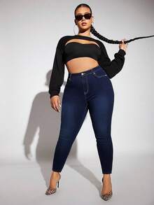 SHEIN SXY Hơn Đã chải Chất vải Nhiệt Cao eo Quần jean ôm - Rửa tối - Xem 4