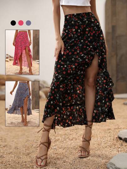 Breezaya Falda con estampado floral ditsy, dobladillo asimétrico con volantes, cintura alta, ajuste regular, con abertura lateral, para uso casual diario, vacaciones o playa
