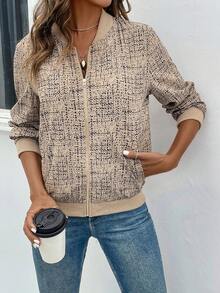 SHEIN LUNE In Dây kéo mặt trước Áo khoác bóng chày - Màu Khaki - Xem 4