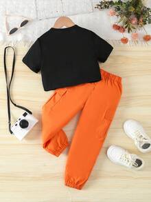 SHEIN 小女孩休閒字母印花t恤+口袋實用長褲套裝 - 黑色 - 查看 2