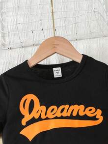 SHEIN 小女孩休閒字母印花t恤+口袋實用長褲套裝 - 黑色 - 查看 5