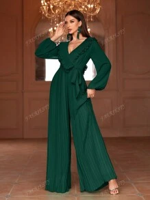 Faeriesty Long-Sleeve Chiffon Wide-Leg Jumpsuit With Ruffled V-Neck & Removable Waist Belt – Spring/Summer Pleated Fabric Design For Garden Parties & Elegant Gatherings (Bold Embellished Silhouette, Versatile Daytime Elegance)