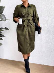 SHEIN Clasi Của phụ nữ Kích thước lớn Màu thuần Cổ bẻ Tie Trước Tay áo cuộn lên Đầm - xanh quân đội - Xem 4