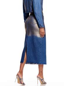 SHEIN BAE Falda vaquera metálica degradada para mujer, atuendo occidental, fiesta de Navidad y Nochevieja - Azul - Ver 3