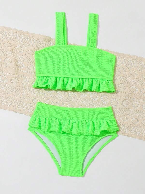 Young Girl Ruffle Trim Neon Bikini Set Bathing Suit, Summer Beach