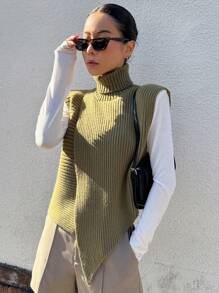 DAZY Của phụ nữ Áo cao cổ Dệt kim gân sọc Áo len vest - màu xanh lá - Xem 1