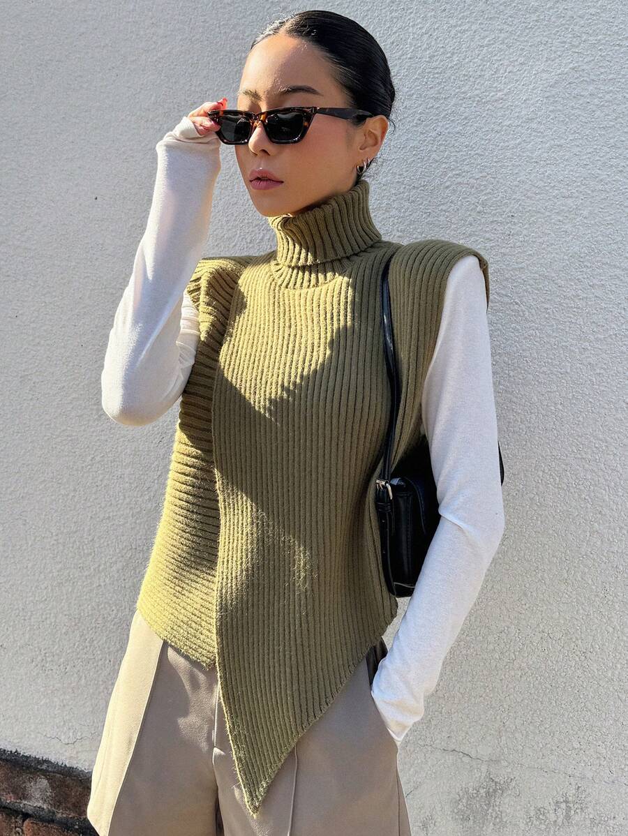 DAZY Của phụ nữ Áo cao cổ Dệt kim gân sọc Áo len vest - màu xanh lá - Xem 1