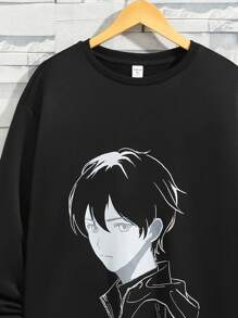 SHEIN Teen Boys' Casual And Comfortable Printed Round Neck Sweatshirt With Knitted Shorts Set - Black - View 4