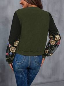 SHEIN LUNE Của phụ nữ Thêu Lưới trong suốt Dây kéo phía trước Áo khoác - xanh quân đội - Xem 2