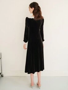 女式法式复古蕾丝拼布天鹅绒长裙 - 黑色 - 查看 2