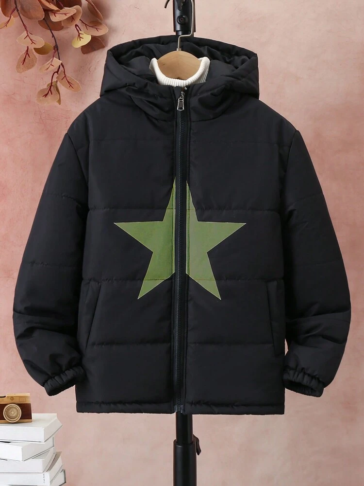 Boys' Printed Star Pattern Color Block Hooded Padded Coat