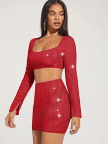 SHEIN BAE 女士闪亮露脐上衣和紧身裙套装 - 紅色 - 查看 4