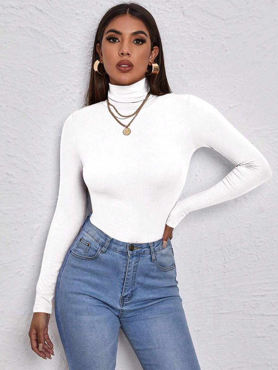 RueChic High Neck Slim Fit Tee - Beige - View 1