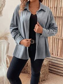 SHEIN LUNE Plus Size Women's Texture Pattern Straight Cut Shirt - Dusty Blue - View 3