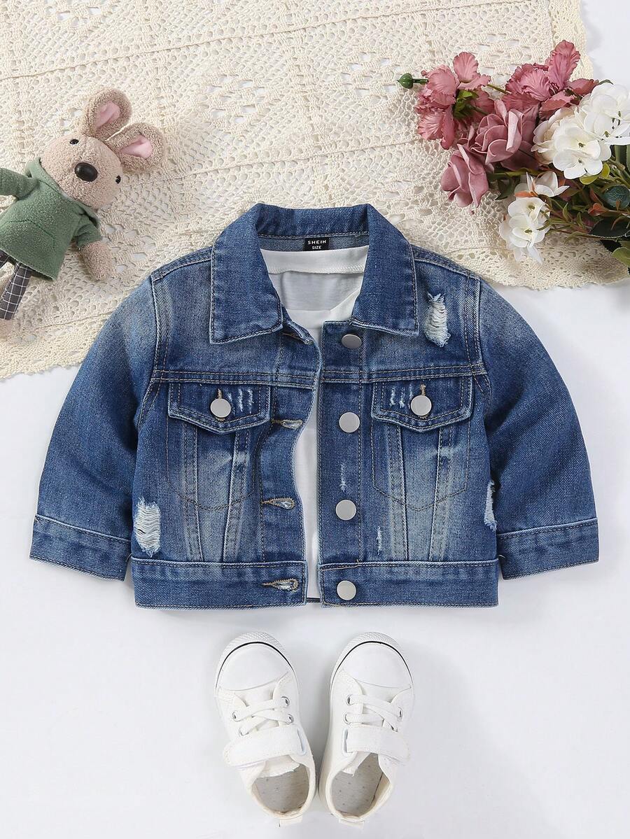 Chaqueta vaquera distressed y elegante con agujeros para bebé niña para exteriores - Azul lavado oscuro - Ver 1