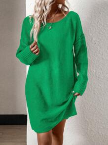 SHEIN Frenchy Của phụ nữ Màu thuần Thả vai Áo len dệt kim Đầm - màu xanh lá - Xem 1