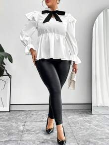 SHEIN Privé Damenbluse Große Größen Mit Bindeausschnitt Und Spitzenbesatz - Schwarz und Weiss - Übersicht 5