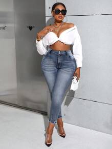 SHEIN Privé Plus Size High Waisted Skinny Jeans With Stone Wash Effect - Blue - View 4