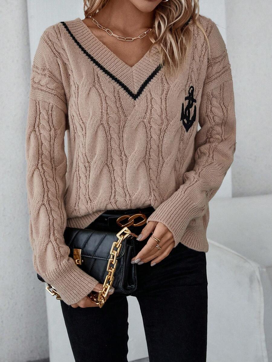 SHEIN Essnce Suéter Bordado Con Ancla Y Cuello En V - Multicolor - Ver 1